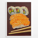 Load image into Gallery viewer, Hand-painted sushi artwork featuring salmon nigiri, sushi rolls, and chopsticks on a dark brown background in a white frame.
