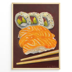 Load image into Gallery viewer, Hand-painted sushi artwork featuring salmon nigiri, sushi rolls, and chopsticks on a dark brown background in a golden frame.
