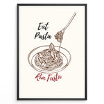 Load image into Gallery viewer, Minimalist poster with line art of pasta bowl and fork, text reading “Eat Pasta Run Fasta,” in black and red typography, framed in black.

