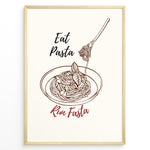 Load image into Gallery viewer, Minimalist poster with line art of pasta bowl and fork, text reading “Eat Pasta Run Fasta,” in black and red typography, framed in golden.
