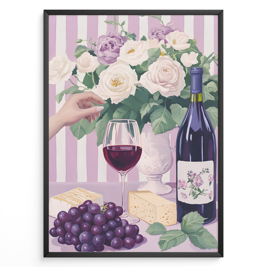 Elegant wine and cheese art print plakat with wine bottle, glass, grapes, cheese, and floral bouquet on lavender striped background in black frame.
