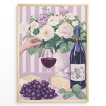 Load image into Gallery viewer, Elegant wine and cheese art print plakat with wine bottle, glass, grapes, cheese, and floral bouquet on lavender striped background in golden frame.
