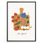 Load image into Gallery viewer, Bon Appétit art print plakat with tomatoes, figs, strawberries, and cheese on a wooden cutting board illustration in a black frame.
