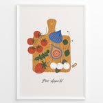 Load image into Gallery viewer, Bon Appétit art print plakat with tomatoes, figs, strawberries, and cheese on a wooden cutting board illustration in a white frame.

