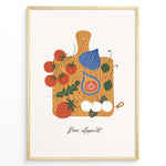 Load image into Gallery viewer, Bon Appétit art print plakat with tomatoes, figs, strawberries, and cheese on a wooden cutting board illustration in a golden frame.
