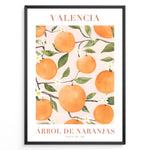 Load image into Gallery viewer, Watercolor poster featuring oranges and green leaves with the text “Valencia Árbol de Naranjas Costa del Sol,” framed in black.
