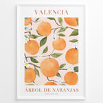 Load image into Gallery viewer, Watercolor poster featuring oranges and green leaves with the text “Valencia Árbol de Naranjas Costa del Sol,” framed in white.
