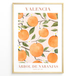 Load image into Gallery viewer, Watercolor poster featuring oranges and green leaves with the text “Valencia Árbol de Naranjas Costa del Sol,” framed in golden.
