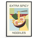 Load image into Gallery viewer, Colorful poster with a bowl of ramen noodles, eggs, and seaweed, featuring the text “Extra Spicy Noodles” in bold letters, framed in black.
