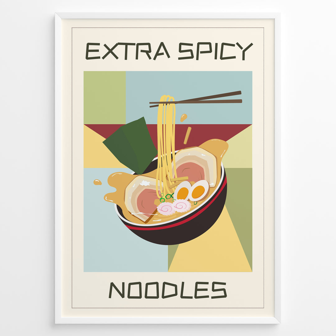 Colorful poster with a bowl of ramen noodles, eggs, and seaweed, featuring the text “Extra Spicy Noodles” in bold letters, framed in white.