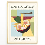 Load image into Gallery viewer, Colorful poster with a bowl of ramen noodles, eggs, and seaweed, featuring the text “Extra Spicy Noodles” in bold letters, framed in golden.
