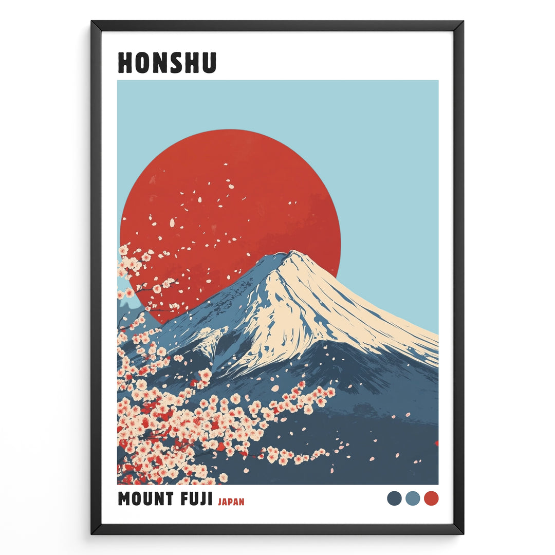 Illustration of Mount Fuji with a large red sun and cherry blossoms in a minimalist framed poster.