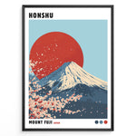 Load image into Gallery viewer, Illustration of Mount Fuji with a large red sun and cherry blossoms in a minimalist framed poster.
