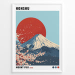 Load image into Gallery viewer, Illustration of Mount Fuji with a large red sun and cherry blossoms in a minimalist framed poster.
