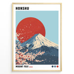 Load image into Gallery viewer, Illustration of Mount Fuji with a large red sun and cherry blossoms in a minimalist framed poster.
