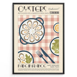 Load image into Gallery viewer, Vintage French poster with oysters on a plate, lemons, and cutlery over a red-checkered tablecloth, framed in black.
