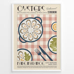 Load image into Gallery viewer, Vintage French poster with oysters on a plate, lemons, and cutlery over a red-checkered tablecloth, framed in white.
