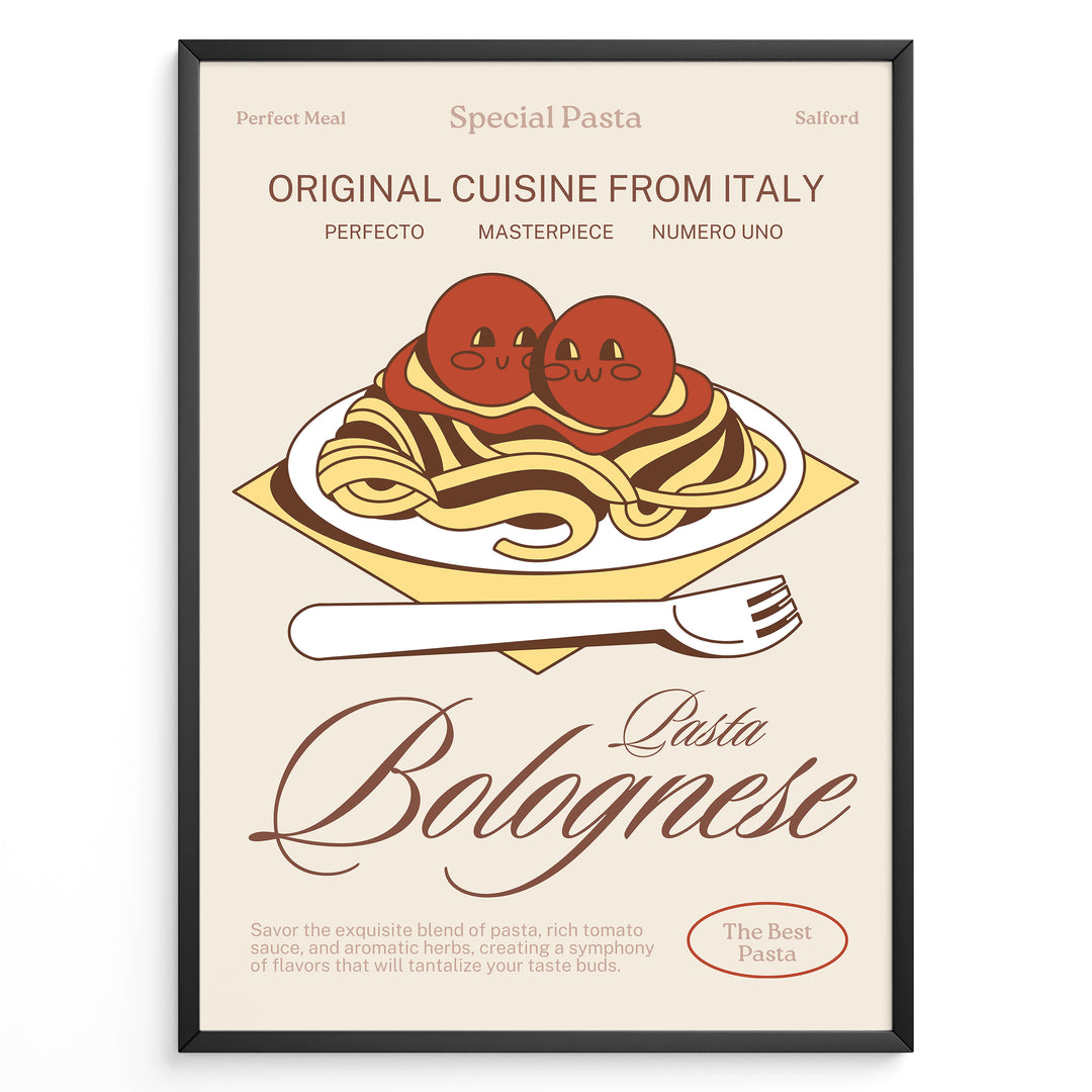 Illustrated poster of pasta bolognese with tomatoes and fork, featuring the text “Original Cuisine from Italy – Pasta Bolognese,” framed in black on a beige background.