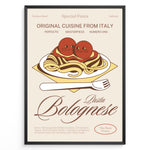 Load image into Gallery viewer, Illustrated poster of pasta bolognese with tomatoes and fork, featuring the text “Original Cuisine from Italy – Pasta Bolognese,” framed in black on a beige background.
