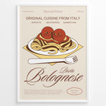 Load image into Gallery viewer, Illustrated poster of pasta bolognese with tomatoes and fork, featuring the text “Original Cuisine from Italy – Pasta Bolognese,” framed in black on a beige background.
