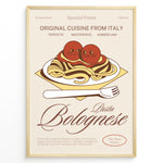 Load image into Gallery viewer, Illustrated poster of pasta bolognese with tomatoes and fork, featuring the text “Original Cuisine from Italy – Pasta Bolognese,” framed in black on a beige background.
