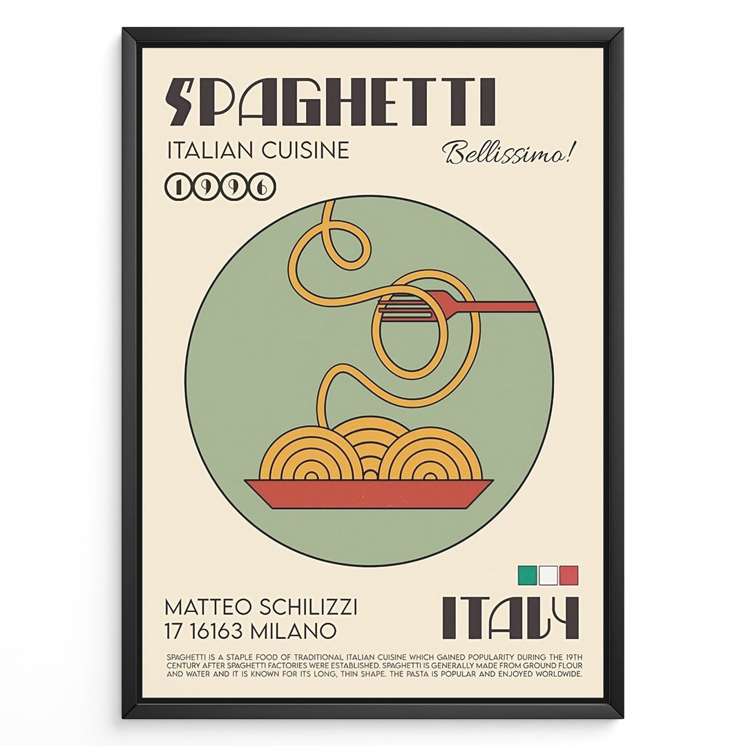 Vintage Italian spaghetti poster showing a bowl of noodles and fork with the text “Spaghetti Italian Cuisine Bellissimo,” framed in black on a beige background.