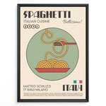 Load image into Gallery viewer, Vintage Italian spaghetti poster showing a bowl of noodles and fork with the text “Spaghetti Italian Cuisine Bellissimo,” framed in black on a beige background.
