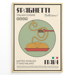 Load image into Gallery viewer, Vintage Italian spaghetti poster showing a bowl of noodles and fork with the text “Spaghetti Italian Cuisine Bellissimo,” framed in black on a beige background.

