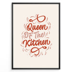 Load image into Gallery viewer, Typography wall art with the quote “Queen of the Kitchen” in red cursive lettering on a beige background, framed in black.

