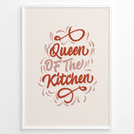 Load image into Gallery viewer, Typography wall art with the quote “Queen of the Kitchen” in red cursive lettering on a beige background, framed in white.
