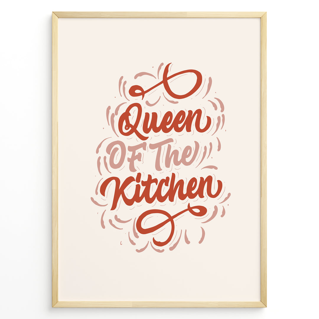 Typography wall art with the quote “Queen of the Kitchen” in red cursive lettering on a beige background, framed in golden.