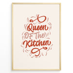 Load image into Gallery viewer, Typography wall art with the quote “Queen of the Kitchen” in red cursive lettering on a beige background, framed in golden.
