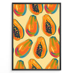 Load image into Gallery viewer, Colorful papaya pattern poster with whole and halved papayas in orange, green, and yellow tones on a beige background, framed in black for tropical kitchen wall décor.
