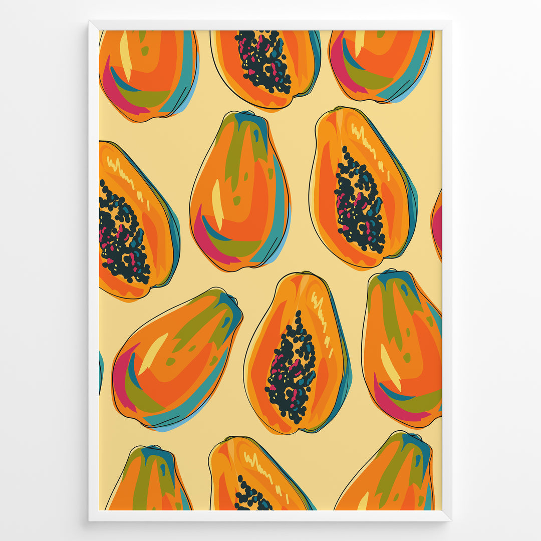 Colorful papaya pattern poster with whole and halved papayas in orange, green, and yellow tones on a beige background, framed in white for tropical kitchen wall décor.