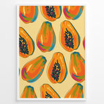 Load image into Gallery viewer, Colorful papaya pattern poster with whole and halved papayas in orange, green, and yellow tones on a beige background, framed in white for tropical kitchen wall décor.
