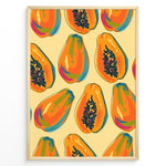 Load image into Gallery viewer, Colorful papaya pattern poster with whole and halved papayas in orange, green, and yellow tones on a beige background, framed in golden for tropical kitchen wall décor.
