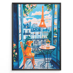 Load image into Gallery viewer, Colorful Paris balcony art print plakat with a dog sitting on a chair beside coffee cups and Eiffel Tower in the background.
