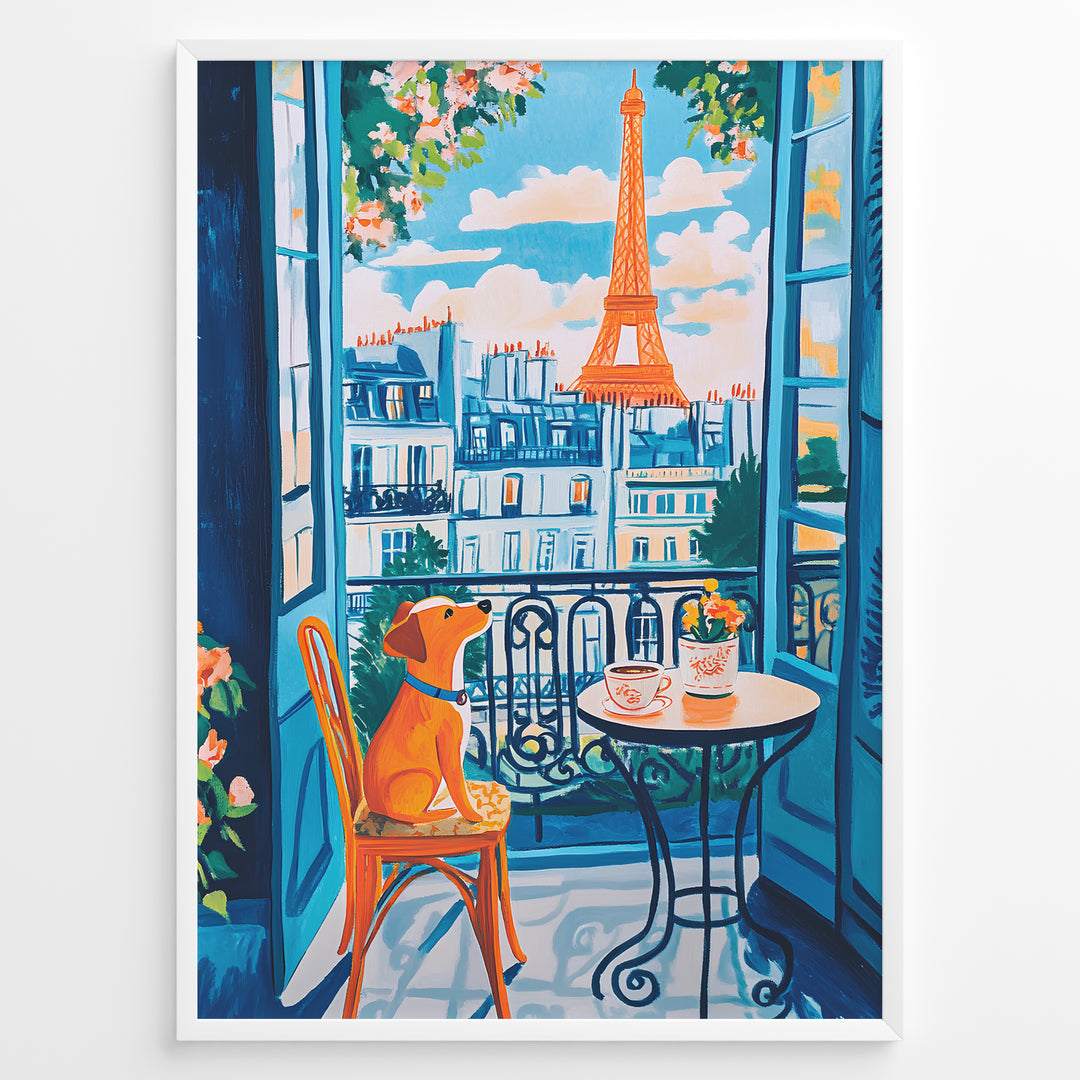 Colorful Paris balcony art print plakat with a dog sitting on a chair beside coffee cups and Eiffel Tower in the background.