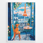 Load image into Gallery viewer, Colorful Paris balcony art print plakat with a dog sitting on a chair beside coffee cups and Eiffel Tower in the background.
