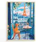 Load image into Gallery viewer, Colorful Paris balcony art print plakat with a dog sitting on a chair beside coffee cups and Eiffel Tower in the background.
