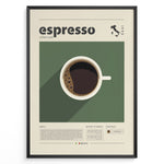 Load image into Gallery viewer, Minimalist espresso coffee poster with a top view of a coffee cup on a green background, modern typography, and Italian map design, ideal for kitchen or café wall décor.
