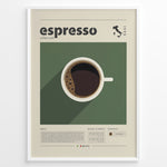 Load image into Gallery viewer, Minimalist espresso coffee poster with a top view of a coffee cup on a green background, modern typography, and Italian map design, ideal for kitchen or café wall décor.
