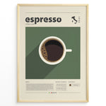 Load image into Gallery viewer, Minimalist espresso coffee poster with a top view of a coffee cup on a green background, modern typography, and Italian map design, ideal for kitchen or café wall décor.
