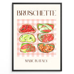 Load image into Gallery viewer, Italian bruschetta poster with six watercolor toasts featuring tomato, avocado, salmon, and shrimp toppings on a pink checkered tablecloth background, titled “Made in Italy.”
