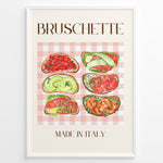 Load image into Gallery viewer, Italian bruschetta poster with six watercolor toasts featuring tomato, avocado, salmon, and shrimp toppings on a pink checkered tablecloth background, titled “Made in Italy.”
