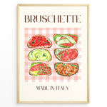 Load image into Gallery viewer, Italian bruschetta poster with six watercolor toasts featuring tomato, avocado, salmon, and shrimp toppings on a pink checkered tablecloth background, titled “Made in Italy.”
