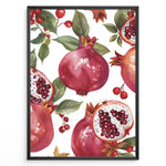Load image into Gallery viewer, Vibrant pomegranate poster with red pomegranates, open fruits showing seeds, and green leaves on a white background, framed in black for modern kitchen or dining wall décor.
