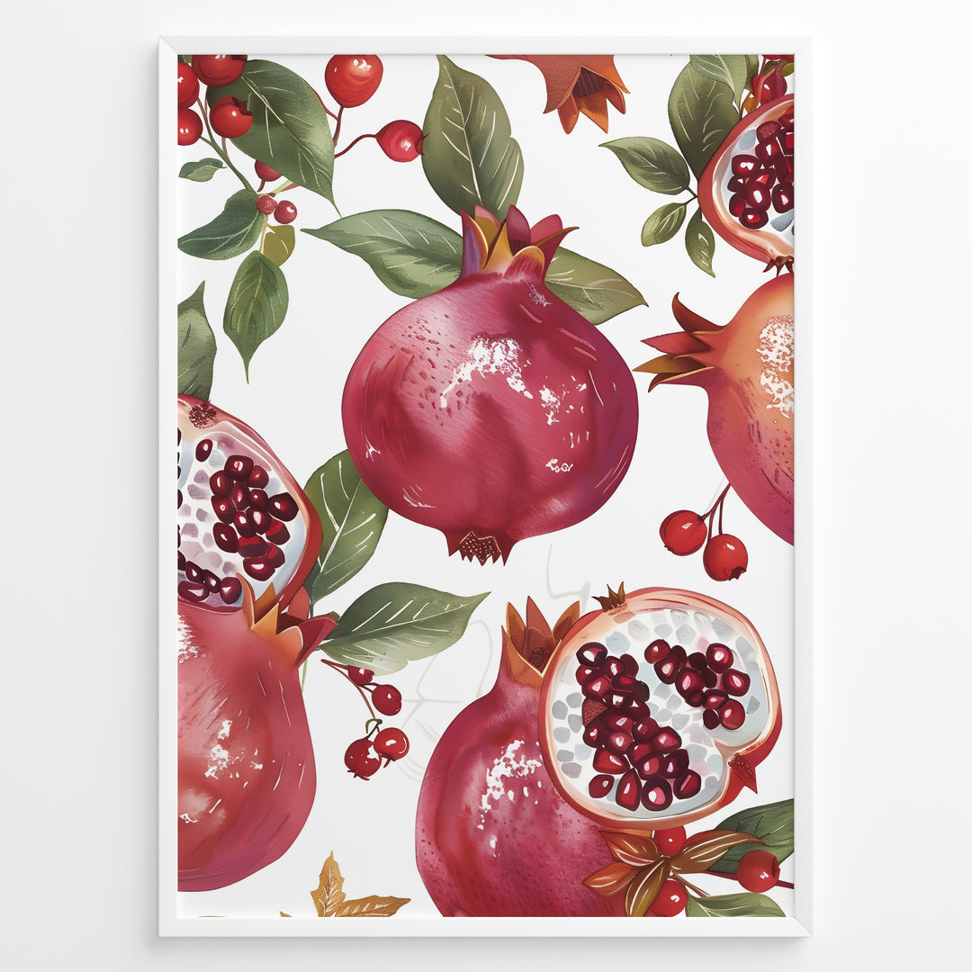 Vibrant pomegranate poster with red pomegranates, open fruits showing seeds, and green leaves on a white background, framed in black for modern kitchen or dining wall décor.