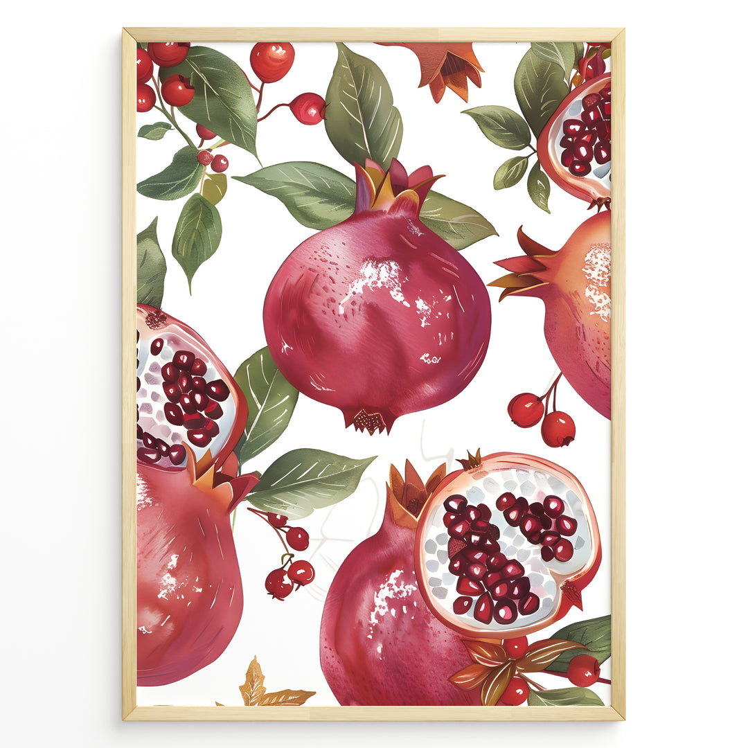 Vibrant pomegranate poster with red pomegranates, open fruits showing seeds, and green leaves on a white background, framed in black for modern kitchen or dining wall décor.