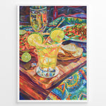 Load image into Gallery viewer, Colorful margarita cocktail poster with lime garnish, nachos, and Mexican food on a bright patterned tablecloth, perfect for lively kitchen, dining, or bar wall décor.
